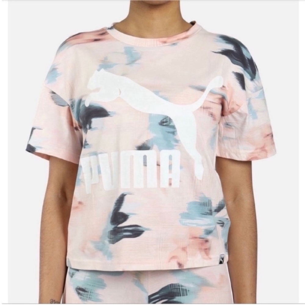 Puma Classics Logo Aop tee pink white brushstrokes cropped relaxed fit